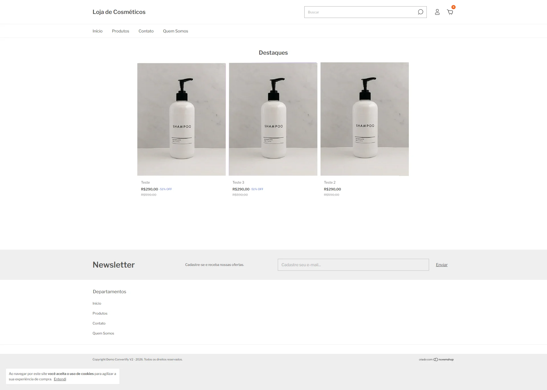 Loja Nuvemshop com tema padrão, sem identidade visual, antes da reformulação